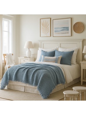 HB&Victory Waffle  %100 Pamuk Premium Yatak Örtüsü Deniz Mavisi Renk Çift Kişilik 200X240 cm