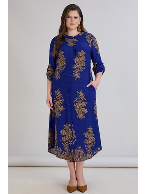 Wearon Kadın Fatoş Cep Detaylı Dokuma Viskon Mavi Gömlek Elbise