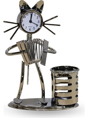 Büro Ev Ofis Hediyesi Için 17X12CM Metal Kalemlikli Akordiyonlu Kedi Masa Saati