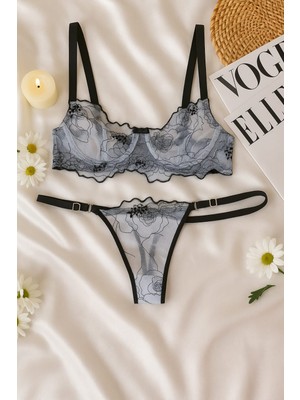 Siyah Çiçek Desenli Dantel Bralet & Külot Iç Giyim takımı