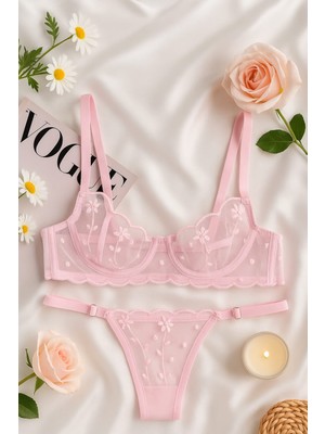 Pembe Çiçek Desenli Dantel Bralet & Külot Iç Giyim Takımı