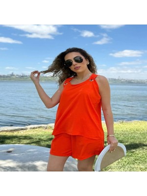 Kadın Kolsuz V Yaka Kuş Gözü Detay Bluz Short Aerobin Ikili Takım