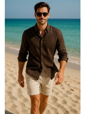 Erkek Kahverengi %100 Keten Düğmeli Yaka Modern Fit Cepsiz Gömlek