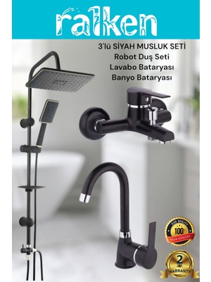 Lüx Siyah 3’lü Kalın Gövde Banyo Seti Siyah Robot Tepe Duş, Banyo, Lavabo Bataryası Musluk Takımı