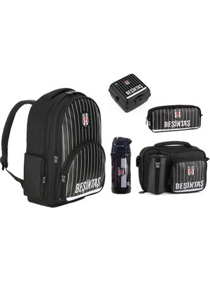 Beşiktaş Lisanslı Siyah Üzeri Ince Beyaz Çizgi Detaylı Çelik Termoslu Ilkokul Çanta Seti – Beş Parçalı Set
