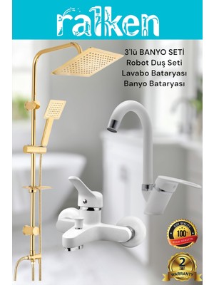 Lüx Beyaz Kare 3’lü Banyo Seti Altın Robot Tepe Duş, Banyo, Lavabo Bataryası Musluk Takımı