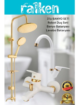 Lüx Beyaz Gold Yuvarlak 3’lü Banyo Seti Altın Robot Tepe Duş, Banyo, Lavabo Bataryası Musluk Takımı