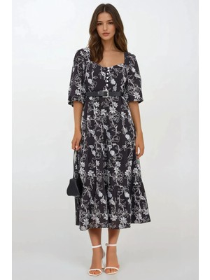 Hiccup Kadın İşlemeli Kalp Kesimli Pamuklu Maxi Elbise Siyah