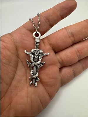 Ejderha Desen Kılıç Kolye – Metal  Zincirli Zamak Kaplama Unisex Mitolojik Takı