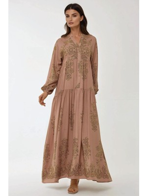 Hiccup Kadın Gömlek Yaka Desenli Viskon Modest Elbise Kahve Kahvesi