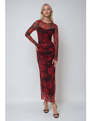 Hiccup Kadınlar Çiçek Desenli Bodycon Maxi Tül Elbise Kırmızı
