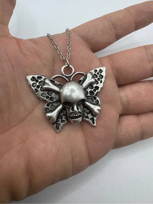 Skull And Butterfly Desen Unisex Kolye | Kuru Kafa ve Kelebek Tasarım | Gotik Tarz |metal  Zincir