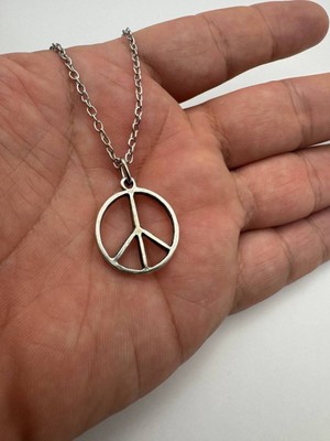 Peace (Barış) Sembolü Desen Kolye – Metal  Zincirli Zamak Kaplama Unisex Minimalist Aksesuar