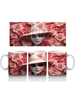 Pembe Çiçekler Içinde Kafatası Silueti – Hediyelik Kahve Kupası