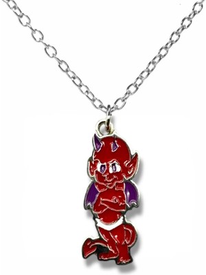 Sevimli Şeytan Desen Kırmızı Karakter Kolye – Metal  Zincirli Unisex Gotik & Eğlenceli Takı