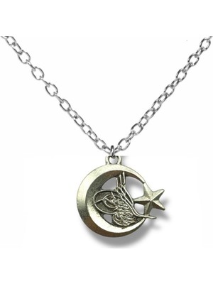 Osmanlı Tuğralı Ay Yıldız Desen Kolye – Gümüş Renk Unisex Metal Takı