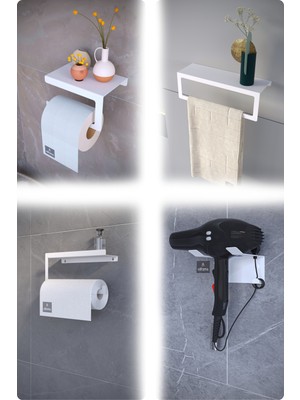 Metal 4’lü Set | Tuvalet Kağıtlık, Havlu Askısı, Kağıt Havluluk ve Fön Makinesi Tutucu | Paslanmaz, Yüksek Taşıma Kapasiteli, Banyo & Mutfak Için
