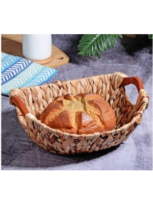 Wicker Serisi Bezli Oval Ahşap Kulplu Hasır Ekmek Sepeti