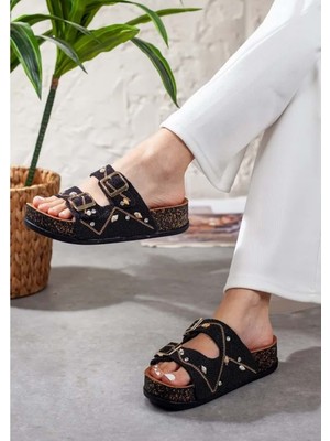 Feles Çift Toka Mantar Taban Taş Detaylı Kadın Terlik