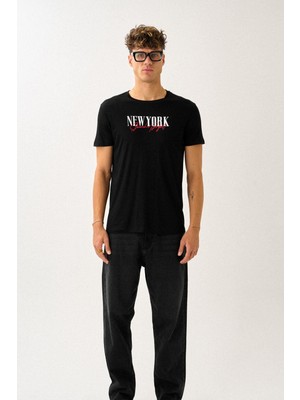 Oversize Bisiklet Yaka Baskılı T-Shirt