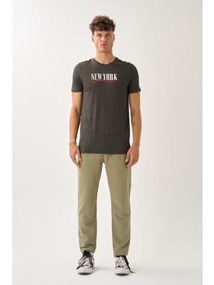 Oversize Bisiklet Yaka Baskılı T-Shirt