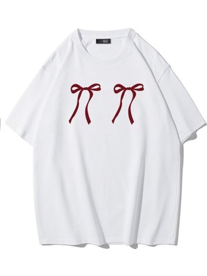 Brz Collection Unisex Oversize Çift Fiyonk Desenli T-Shirt Beyaz