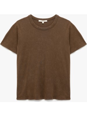 Pamuklu Soluk Efektli Kısa Kollu Bisiklet Yaka Tişört