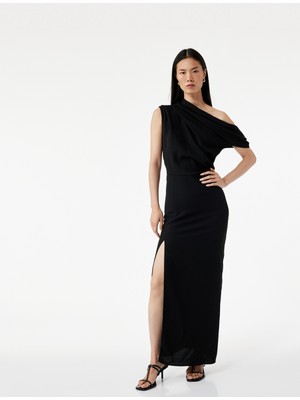 Krep Kumaş Asimetrik Kesim Drapeli Yırtmaçlı Midi Boy Tek Omuz Elbise