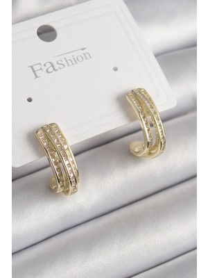 Pirinç Gold Renk Zirkon Taşlı Yarım Halka Model Kadın Küpe