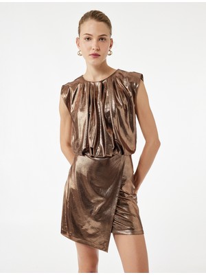 Kolsuz Bisiklet Yaka Metalik Vatkalı Mini Abiye Elbise