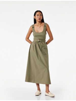 Iki Farklı Kumaş Kullanımlı A Kesim Kemerli Kalın Askılı Midi Boy Poplin Elbise