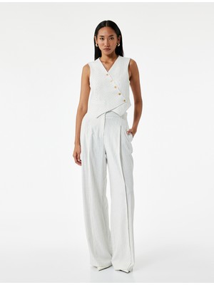 Cepli Pile Detaylı Çizgili Yüksek Bel Palazzo Pantolon