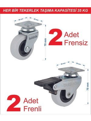 4 Adet Döner Tablalı 50'lik Masa Dolap Sehpa Raf Mobilya Tekeri 2 Adet Frenli - 2 Adet Frensiz