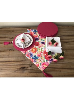 Sofra Sunum Seti Fuşya Sarı Büyük Çiçek Desenli Takım