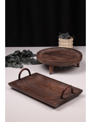 Bambum 2 Parça Pavlonya Elegant Ahşap Sunum ve Servis Seti – Kulplu Dikdörtgen ve Yuvarlak Servis Tabakları