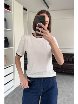 Renk Detay Triko Tshirt- Ekru