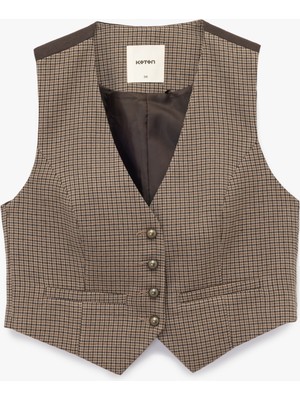 Koton Kadın Slim Fit Ekose Blazer Yelek Kış Sezonu Düğmeli V Yaka Kolsuz Tasarım