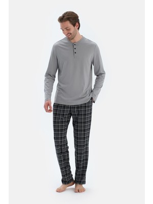 Gri Uzun Kollu Pat Detaylı Tişört Ekose Pantolon Pijama Takımı