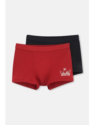 Bordo-Siyah 2'li Parça Baskılı Pamuk Boxer