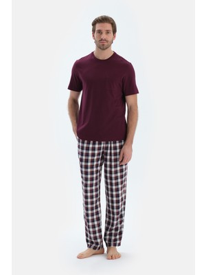 Bordo Kısa Kollu Tişört Ekoseli Pantolon Pijama Takımı