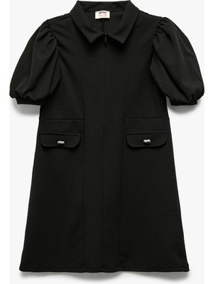 Fermuar Detaylı Balon Kollu Gömlek Yaka Elbise