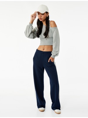 Asimetrik Yaka Omzu Açık Korse Detaylı Uzun Kollu Crop Sweatshirt