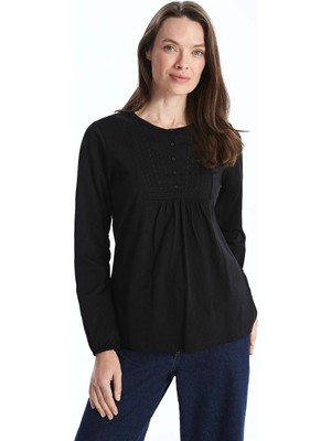 Lcw Grace Siyah Bisiklet Yaka Nakışlı Bluz