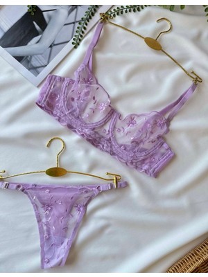 Kadın Lila Mor Nakış Işlemeli Transparan Iç Çamaşır Takımı