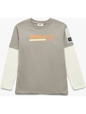 Renk Bloklu Bisiklet Yaka Baskılı Pamuklu Uzun Kollu Oversize Tişört