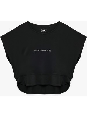 Kısa Kollu Bisiklet Yaka Baskılı Rahat Kalıp Crop Spor Tişört