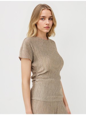 Jimmy Key Bej Dar Kesim Bisiklet Yaka Düşük Omuz Örme Bluz