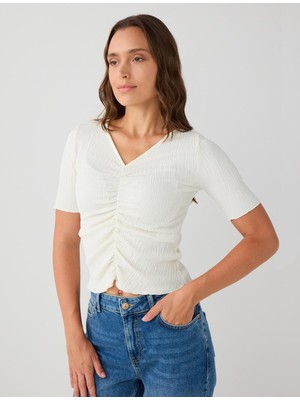 Jimmy Key Beyaz Dar Kesim V Yaka Dirsek Kol Örme Bluz