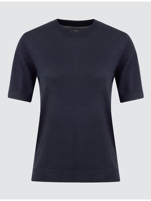 Jimmy Key Lacivert Yuvarlak Yaka Kısa Kollu Yün Karışımlı Triko Kazak