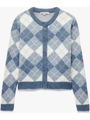 Düğmeli Uzun Kollu Bisiklet Yaka Baklava Desenli Triko Hırka